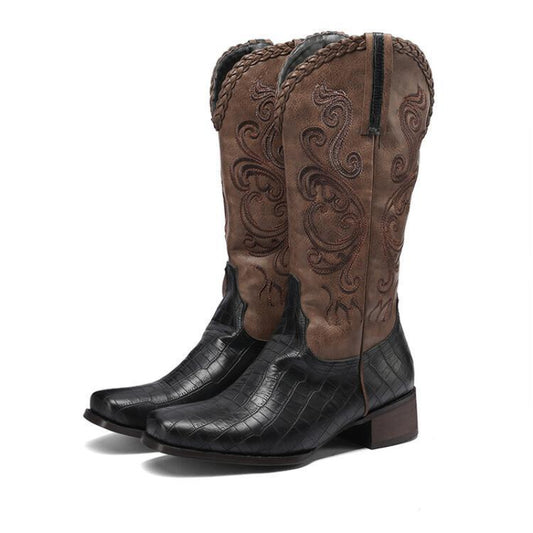 Vintage Western Pointed-Toe Chunky Heel High Knee-High Riding Boots