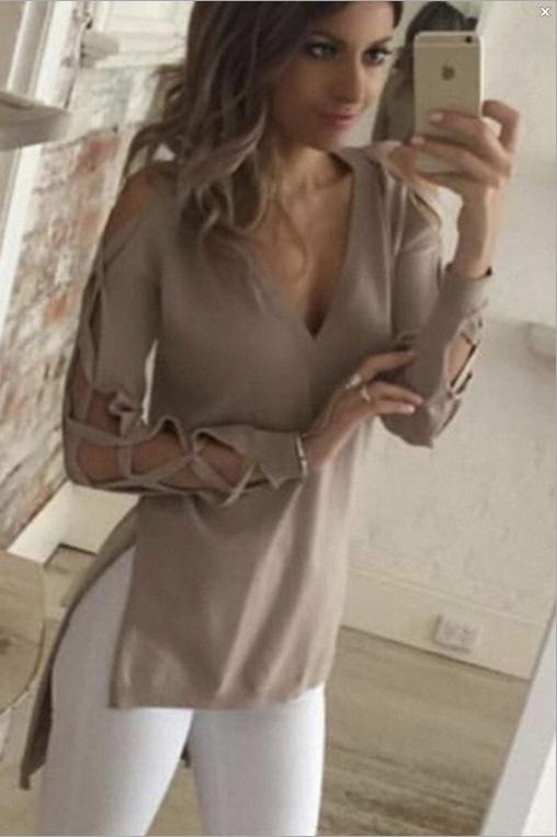 Deep V-neck Long Sleeves Hollow Out Irregular Blouse - Meet Yours Fashion - 1