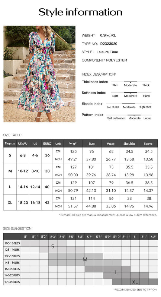 2023 Summer Harvest Waist Cinching V Neck Printed Maxi Dress