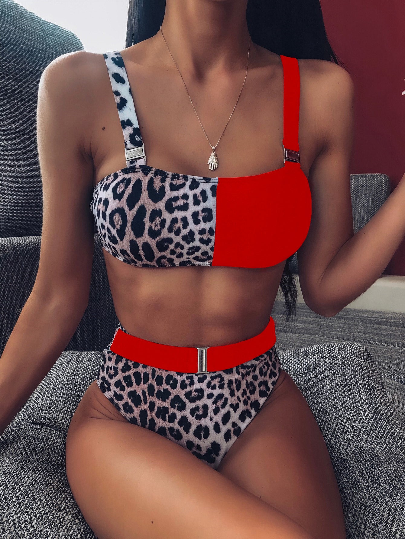 Sling Leopard Colorblock Buckles High Rise Triangle Bikinis
