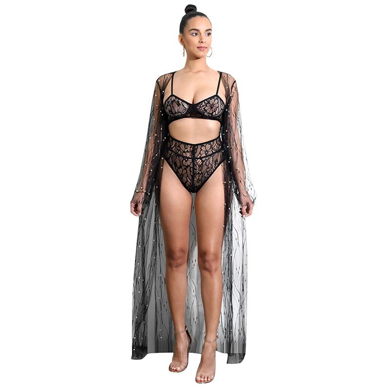 Black See Through Beaded Cover Up Long Dress