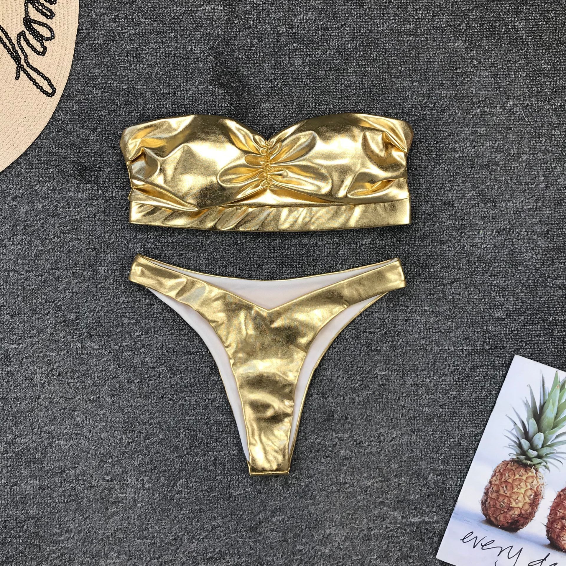 Hot Gold Mid Rise Thong Bottom Tube Bikinis