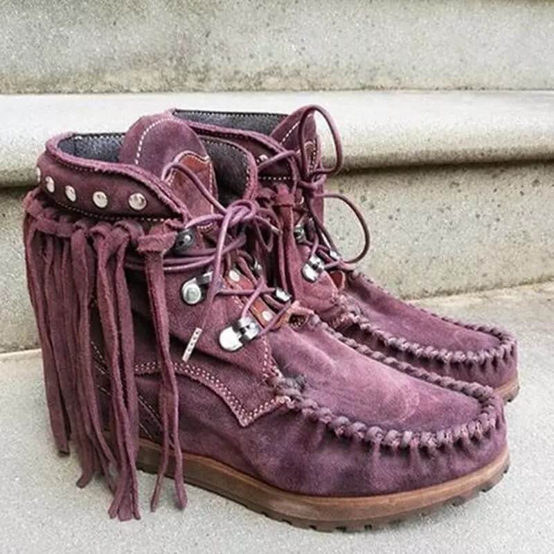 Ankle Fringe Suede Lace Up Flat Boots