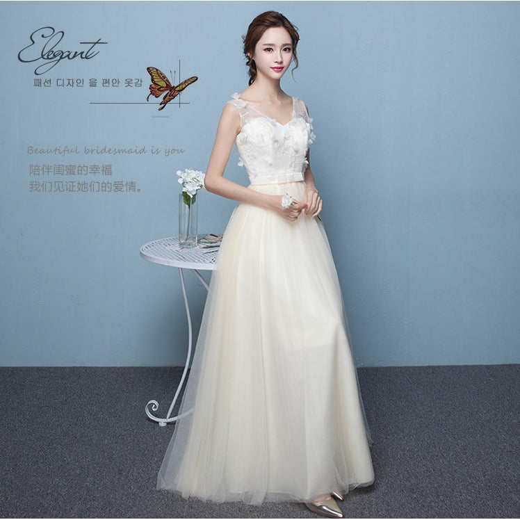 V-neck Tulle Flowers Back Lace Up Empire Long Party Bridesmaid Dress