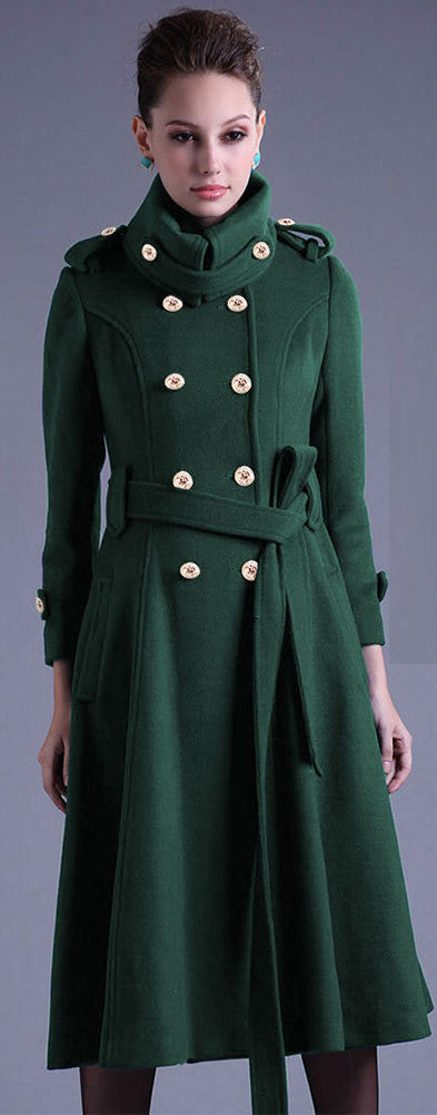 Stand Collar Button Belt Pleated Long Coat - Meet Yours Fashion - 1