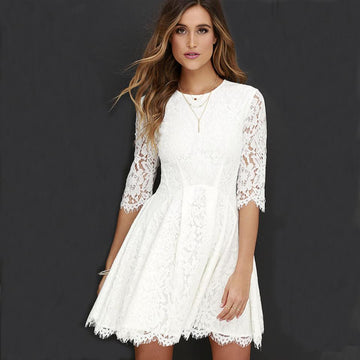 Clearance Pure Color Lace Scoop Half Sleeves Short Dress