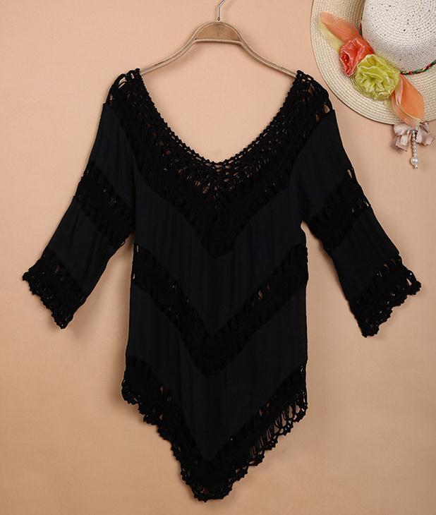 V-neck 3/4 Sleeves Hollow Bohemian Lace Chiffon Blouse - Meet Yours Fashion - 4
