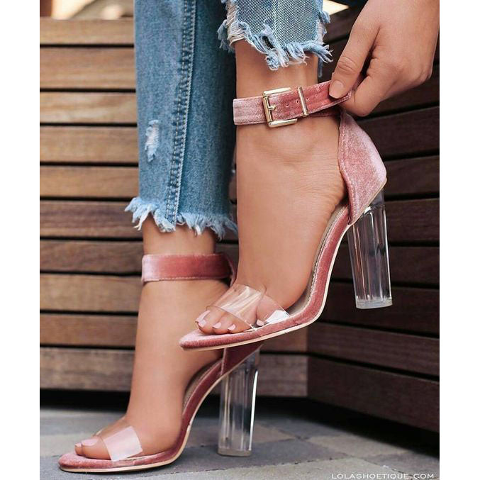 Transparent Chunky Heel Peep-toe Ankle Strap High Heel Pumps Sandals