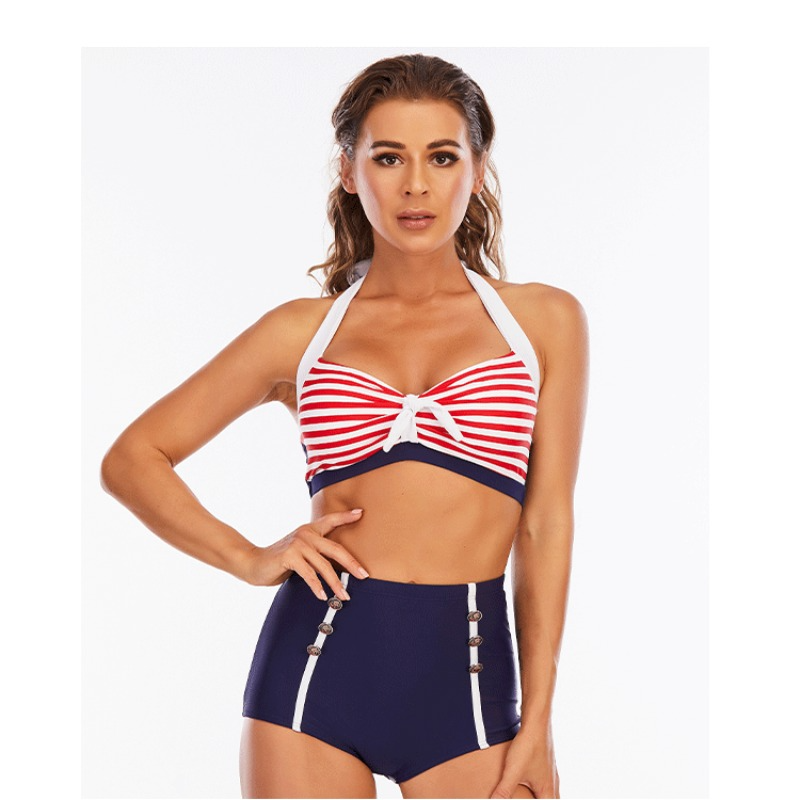 Bikini High-Waisted Bottom Set with Retro Striped Design Swimsuit