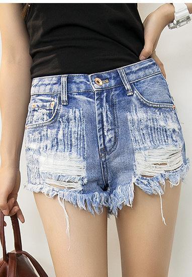 Rivet Rough Edges Loose Ripped Holes Hot Denim Shorts - Meet Yours Fashion - 1
