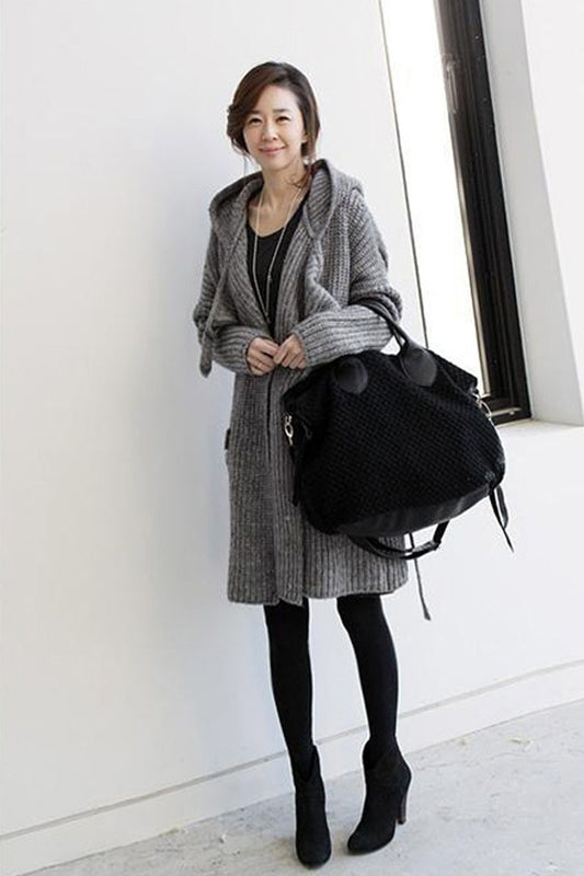 Pure Color Long Sleeves Pockets Long Hooded Cardigan