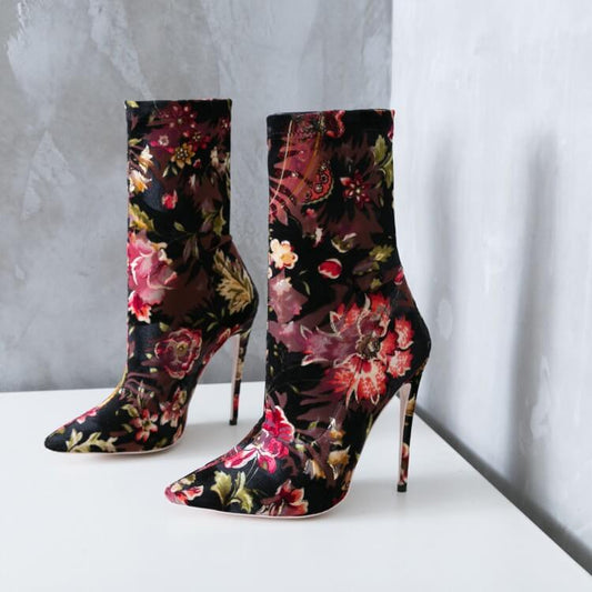 Casual Flower Print Pointed Toe High Heel Ankle Boots