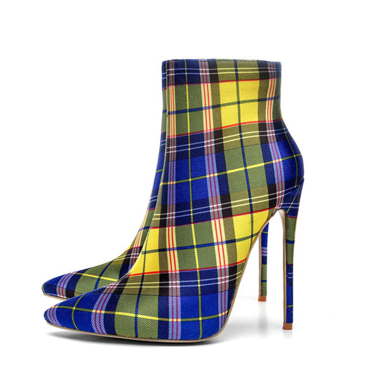 Color Block Plaid Pointed Toe High Heel Calf Boots
