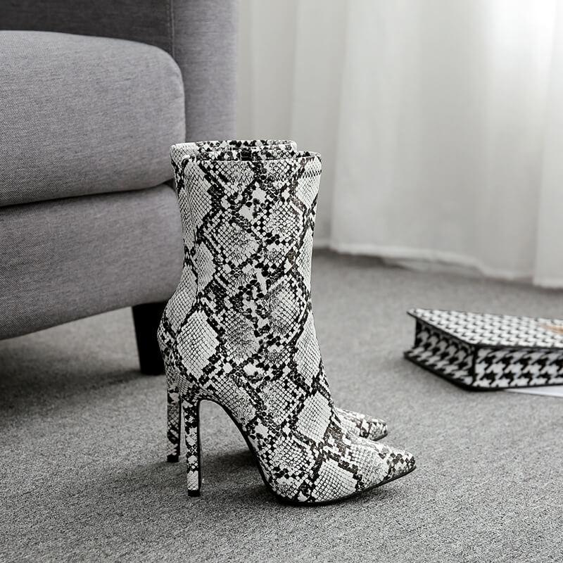 High Heel Snakeskin Pointed Toe Calf Boots