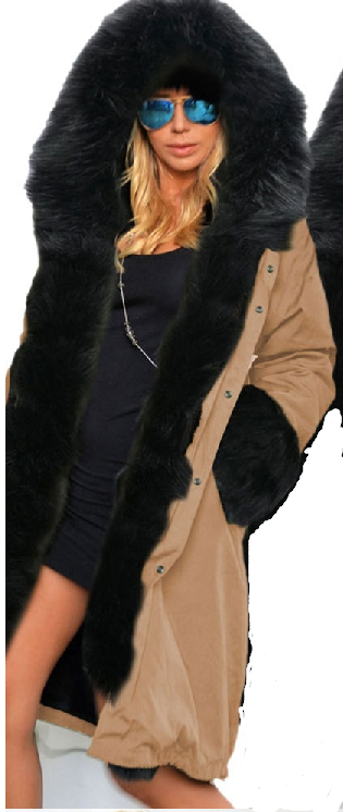 Clearance Zipper Hooded Faux Fur Cuff Long Cotton Coat