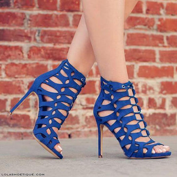 Blue Suede Cutout Peep Toe High Heel Sandals