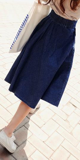A-line Flared Pleated Slim Denim Middle Skirt - Meet Yours Fashion - 1