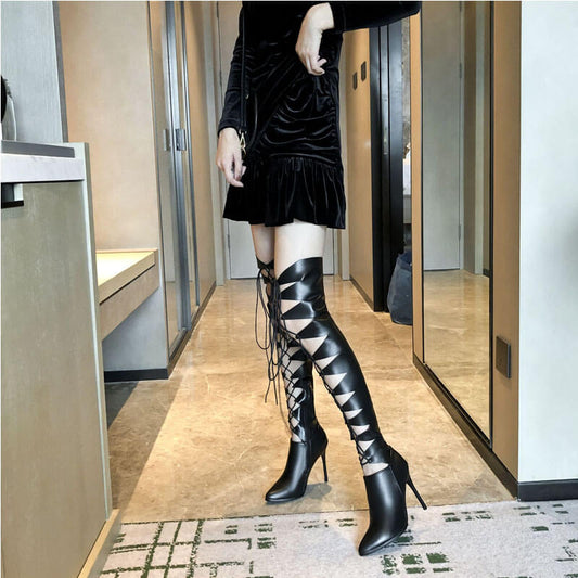 Leather Cutout Strap Pointed Toe High Heel Over Knee Boots