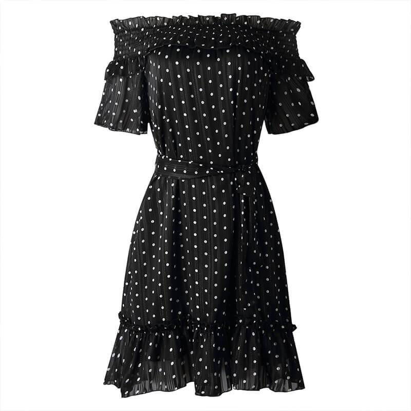 Polka Dots Off Shoulder Cotton A Line Dress