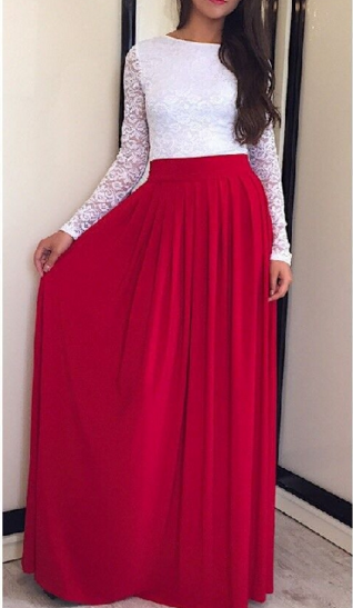 Clearance Lace High-waist Long Sleeves Pleated Splicing Long Dress
