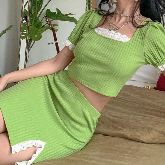 Cute Green Flapper Split Short Skirt Sets