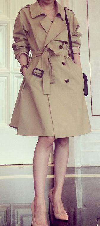 Turn-down Collar Belt Slim Double Button Mid-length Coat - Meet Yours Fashion - 1