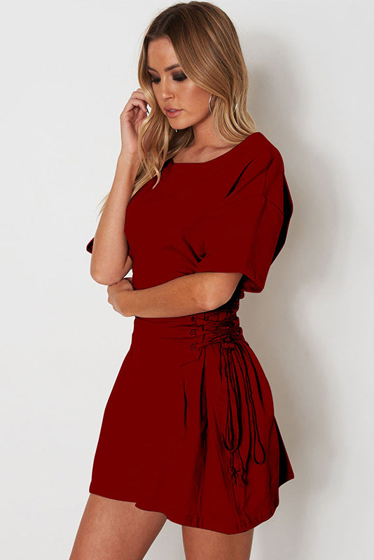 Pure Color Scoop Half Sleeves Side Lace Up Short Dress