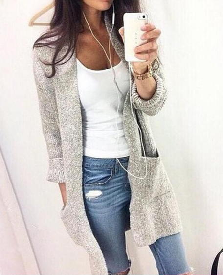 Fashion Long Cardigan Splicing Solid Color Sweater - Meet Yours Fashion - 1