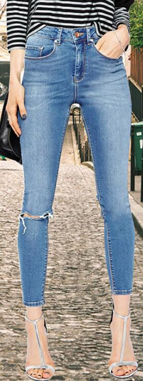 Fashion Hole Ripped Knee Regular Waist Pencil Jeans