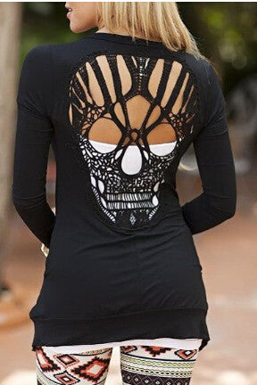 Scoop Pure Color Skull Hole Long Sleeves Blouse