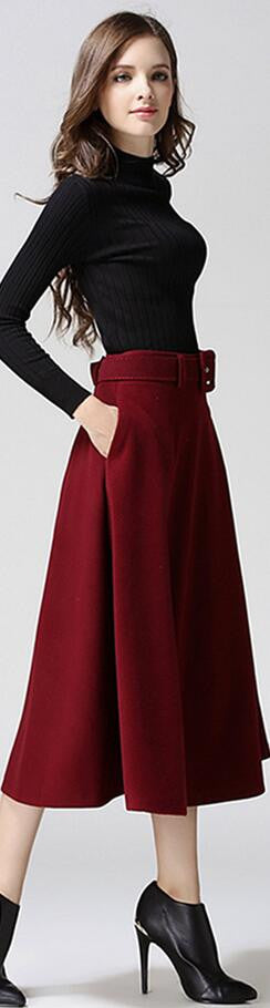 Fashion A-line Pure Color Woolen Long Skirt With Belt