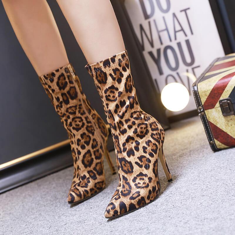 High Heel Leopard Print Suede Calf Boots