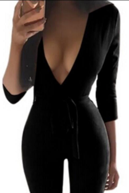 Pure Color V-neck Long Sleeves Tight Long Jumpsuit