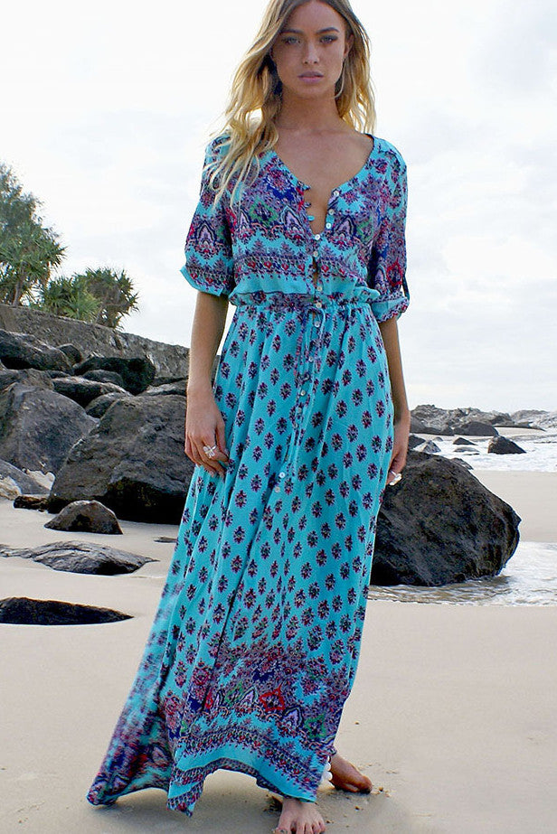 Print 3/4 Sleeves Bohemian Beach Dress