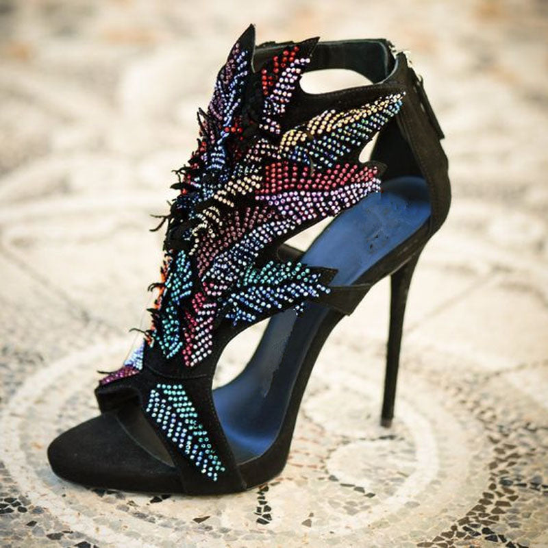 Fashion Black Suede Rhinestone High Heel Sandals