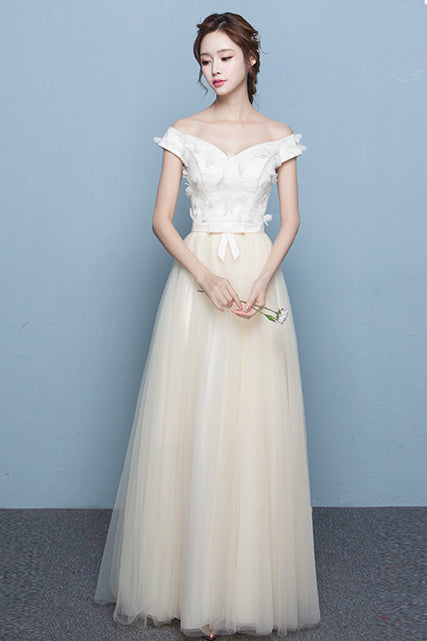 Off Shoulder Flowers Tulle Long Pleated Prom Party Bridesmaid Dress