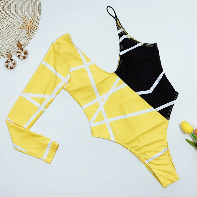 Yellow One Shoulder Print Backless High Cut Swimsuits