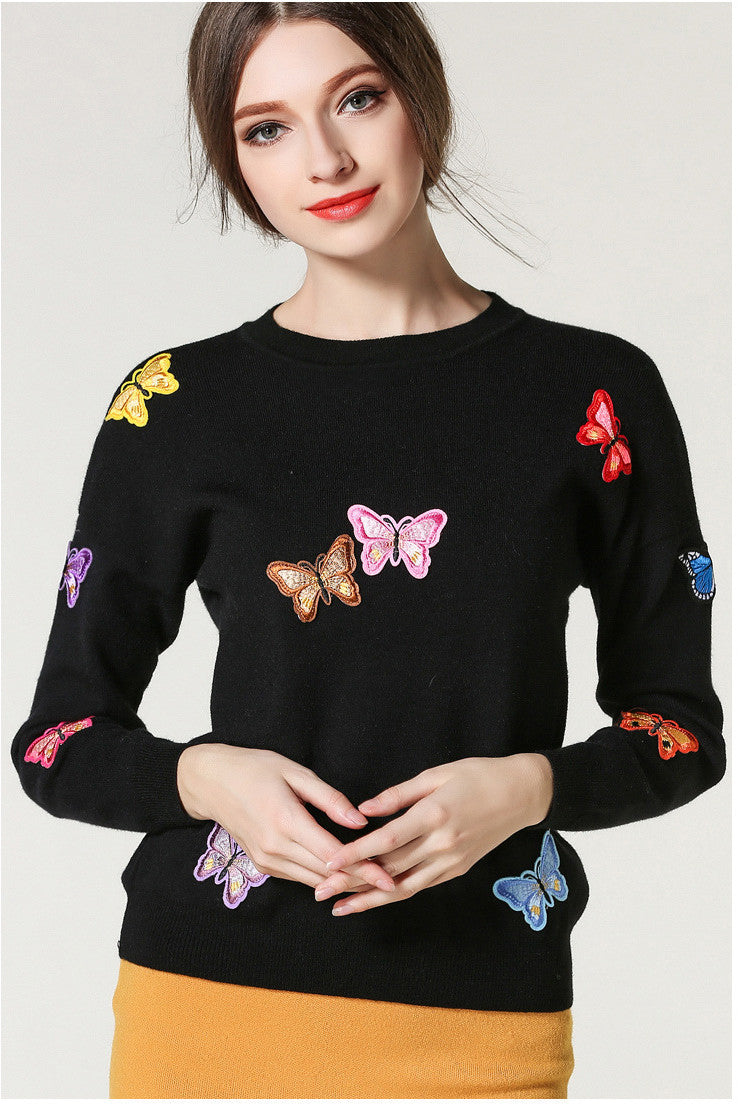 Long Sleeves Butterfly Applique Scoop Regular Sweater