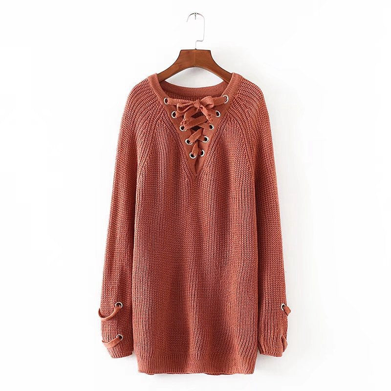 Long Sleeves Pure Color V-neck Loose Long Sweater