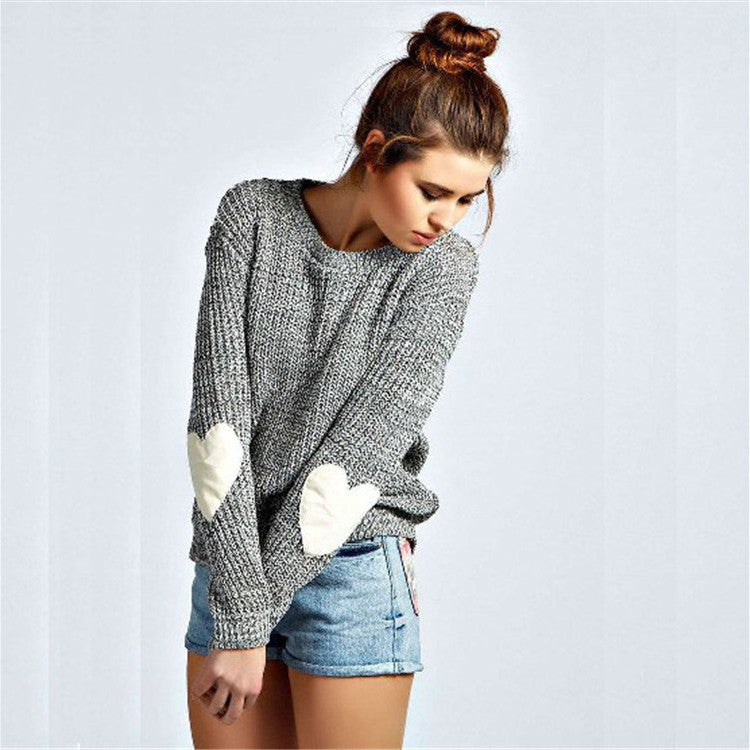 Print Long Sleeves Heart Applique Scoop Regular Sweater
