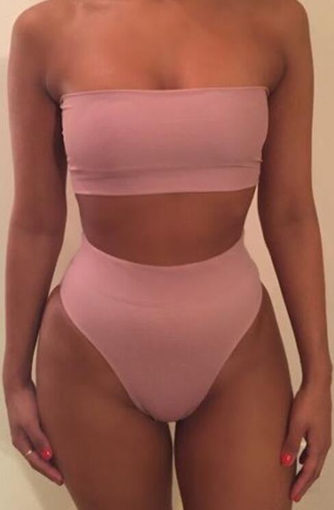 Strapless High Waist Pure Color Two Pieces Swimwear