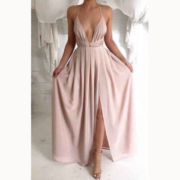 Spaghetti V-neck Backless Solid Color Long Dress - Meet Yours Fashion - 1