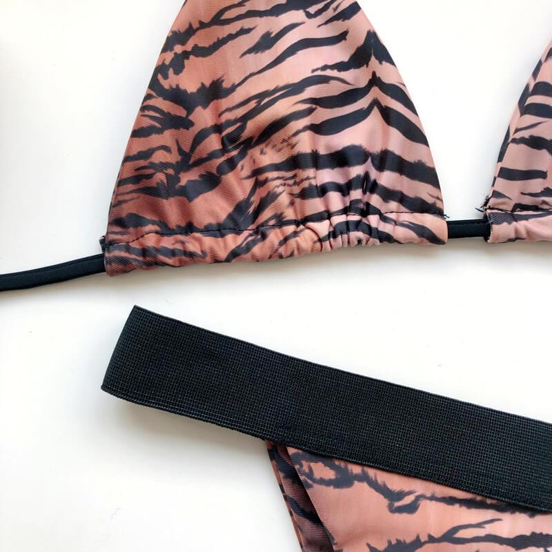 Halter Tiger Print Stretch Bandeau Thong Bottom Bikinis