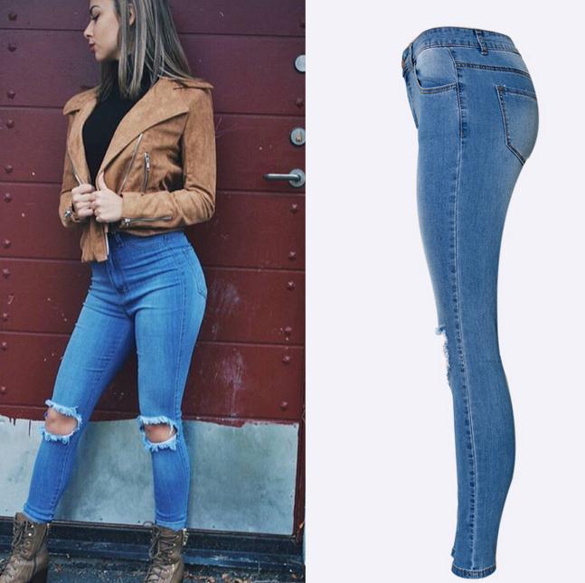 Elastic High Waist Plus Size Holes Slim Jeans - Meet Yours Fashion - 4