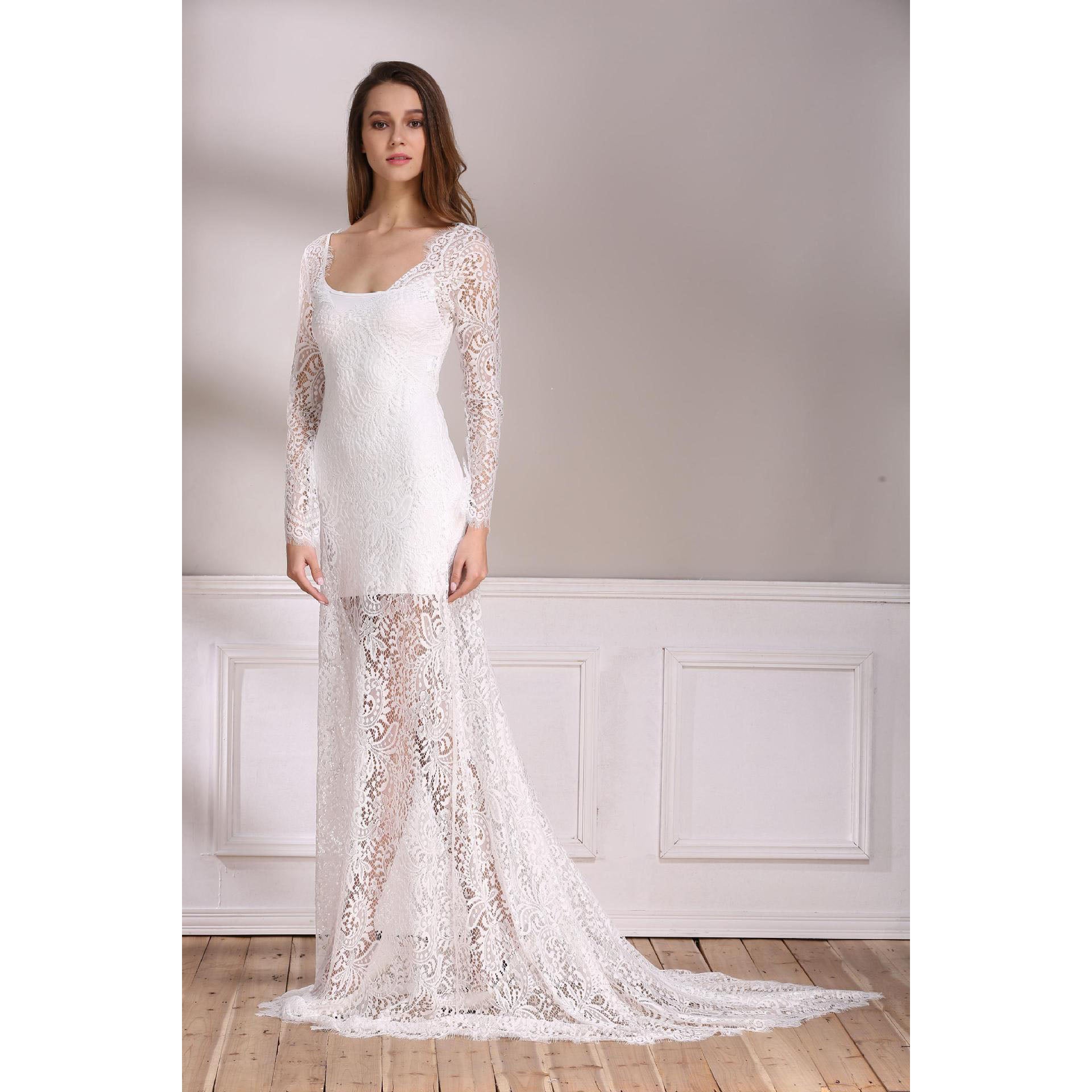 Lace Transparent Deep V-neck Long Sleeves Floor-Length Dress