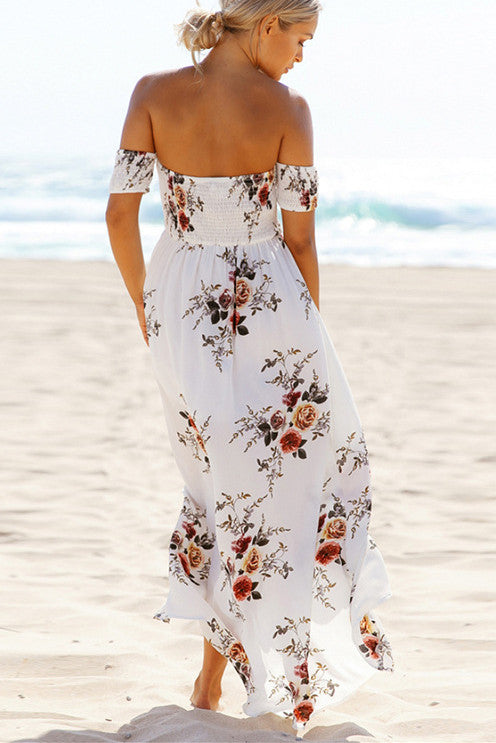 Off Shoulder Short Sleeves Low High Split Flower Print Long Beach Dress