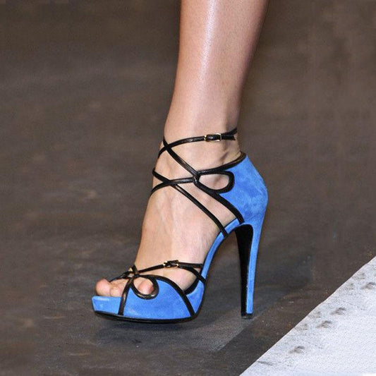 Blue Suede Peep Toe Bule Cutout High Heel Sandals