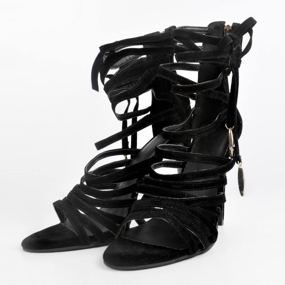Black Leather Cutout Zipper Open Toe High Heel Sandals