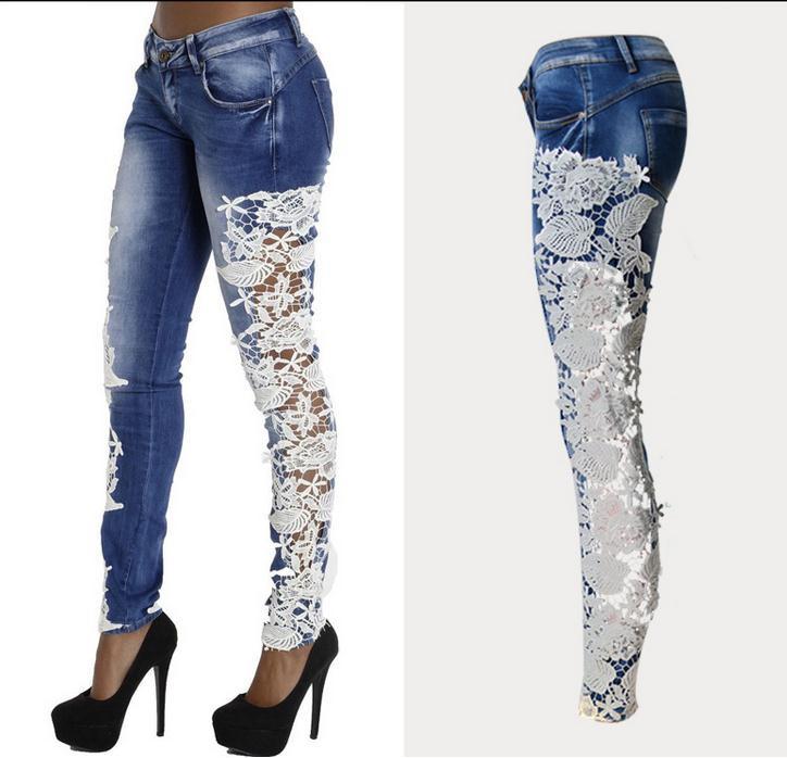 Lace Patchwork Hollow Skinny Straight High Waist Jeans - Meet Yours Fashion - 1