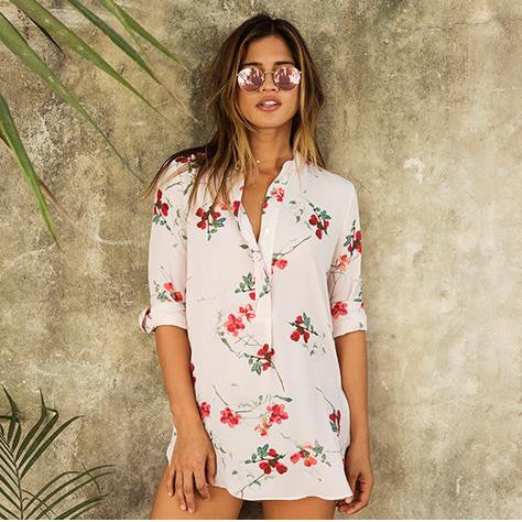 Flower Print Turn-down Collar Middle Sleeves Chiffon Blouse - Meet Yours Fashion - 2